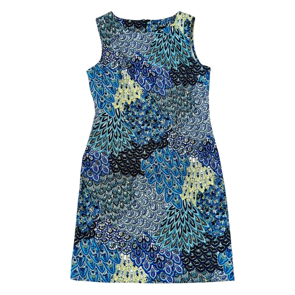 Connected Apparel Abstract Blue Peacock Paisley Sleeveless Sheath Dress Size 12